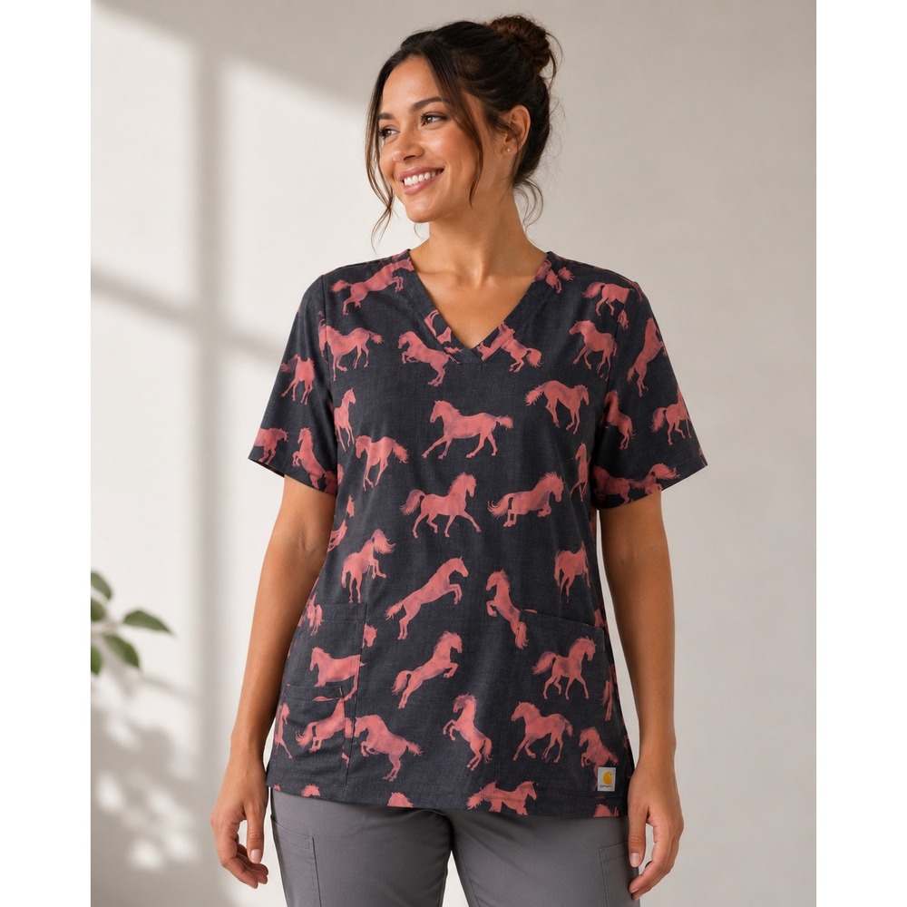 NWOT Carhartt Women Scrub Top Small Gray Pink Horse Print V-Neck Modern Fit